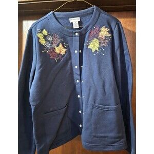 Breckenridge Navy Fall Leaf Embroidered Cardigan Womens M
